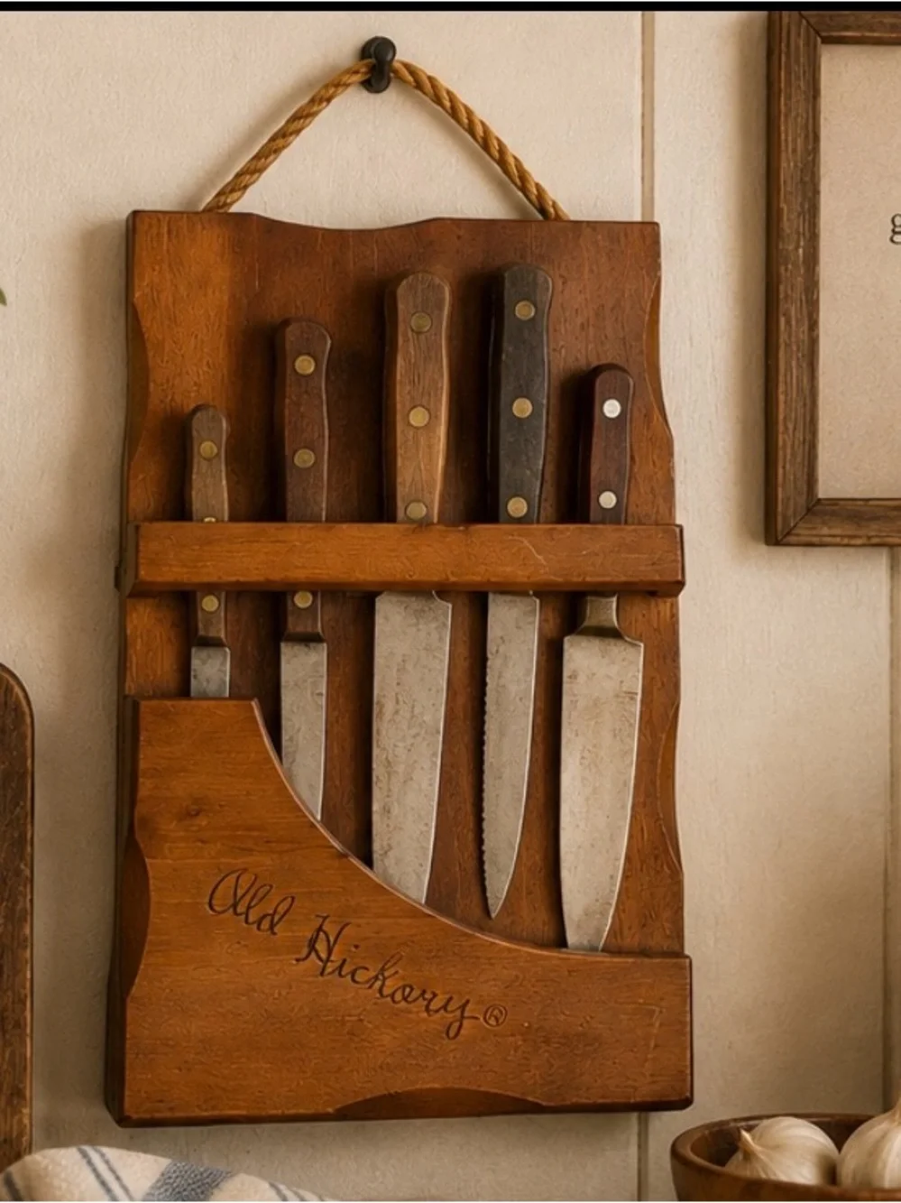 Vintage Old Hickory Wood Wall Mount Knife Holder Rack Rustic Farmhouse